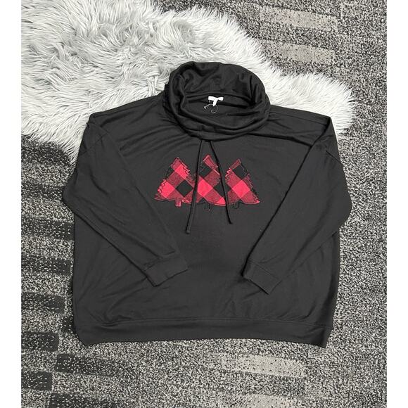 Women's Maurices Plus 3X Size Fleece Cowl Neck Sweater Black Plaid Trees - Picture 1 of 2